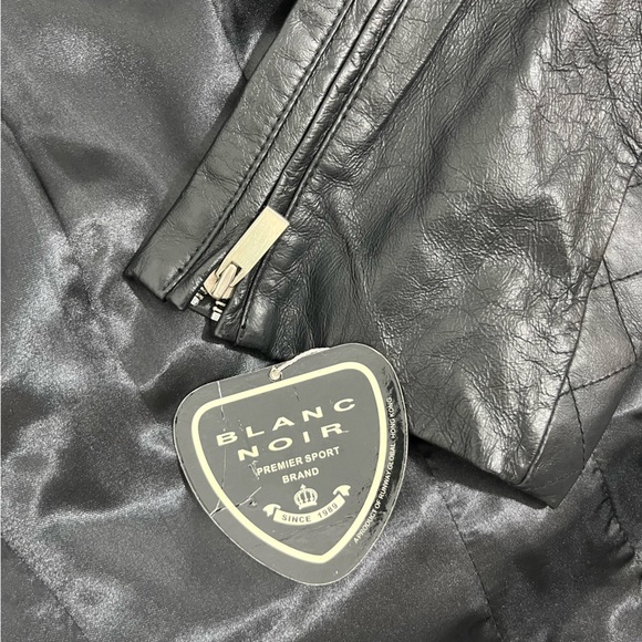 BLANC NOIR Quilted Leather Moto Jacket Belted Zip Up Lined Buckles Black Size S - Picture 9 of 9